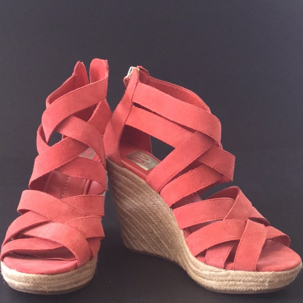 Dolce Vita coral wedge espadrilles.